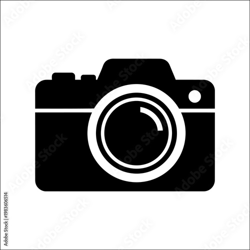 A black camera silhouette with a prominent lens and viewfinder, set against a clean white background, conveying a sense of simplicity and modernity in photography.