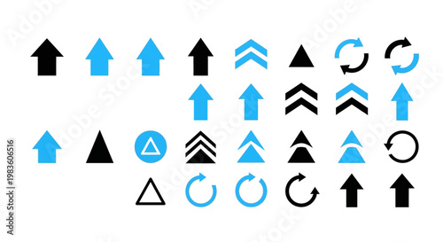 Collection of Upward Arrows, Triangles, and Circular Arrows in Black and Blue