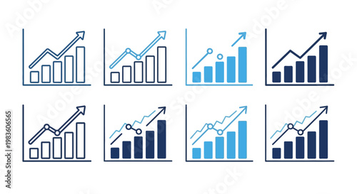 Collection of business growth and financial trend line charts and bar graphs illustrating upward progress