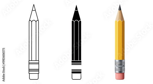 Three distinct pencils shown, including a sketch, a solid black drawing, and a realistic yellow wooden pencil, each with a graphite tip and an eraser