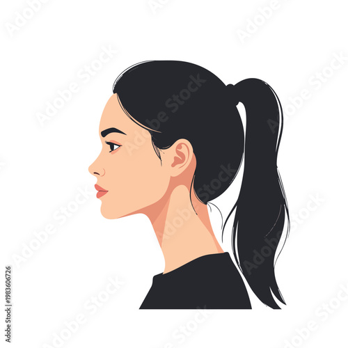Fotografi Side profile young woman with long ponytail hair