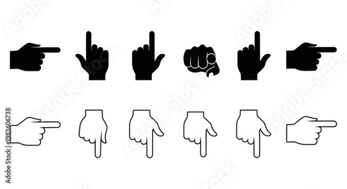 Set of Various Hand Gestures Icons Including Pointing Fingers, Fist, and Directional Cues