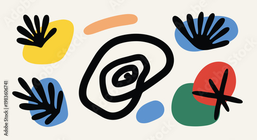 Vibrant abstract art illustration features swirling shapes and colorful botanical elements on a neutral background