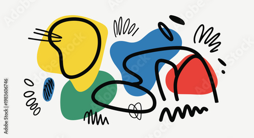 Vibrant abstract illustration features colorful shapes and expressive lines.