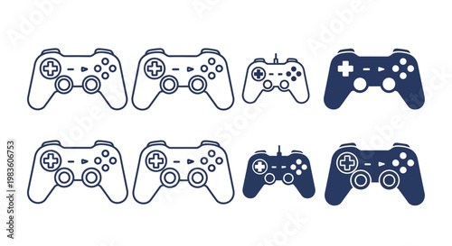 Collection of stylized video game controllers in a grid formation, showcasing retro and modern designs for digital entertainment enthusiasts