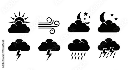 Set of weather icons, including sun, wind, moon, stars, lightning, and rain, representing different meteorological conditions and atmospheric phenomena