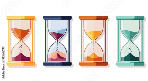 Vibrant collection of time-measuring sandglasses, symbolizing passage, countdowns, and the continuous flow of moments, perfect for conceptual designs
