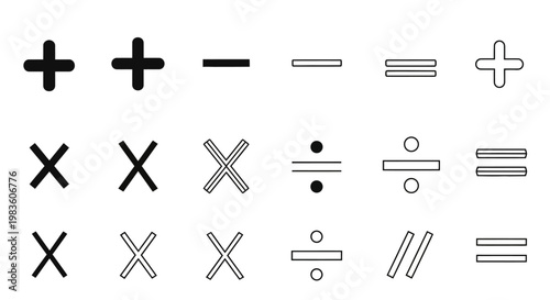 Mathematical symbols and basic arithmetic operations for calculations and education, including addition, subtraction, multiplication, division, and equality