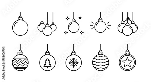 Stylish Collection of Christmas and Holiday Baubles Line Icons - Modern Vector Ornaments for Festive Seasonal Decorations and Celebrations