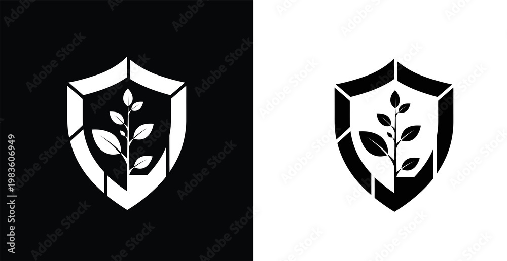 Obraz premium A black and white logo featuring a shield with a plant design on a contrasting background