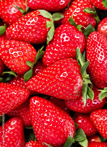 Fresh strawberries background, ripe red berries macro texture