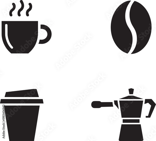 Coffee icons: hot drink cup, coffee bean, to-go cup, and moka pot