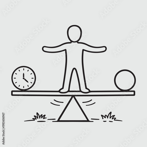 A person balancing on a seesaw with a clock and a ball