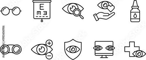 Eye care icons including glasses and eye drops