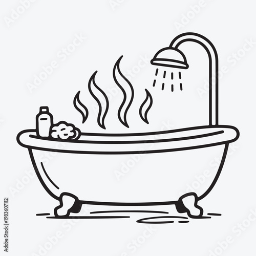 Simple line drawing of a bathtub with steam and bath products