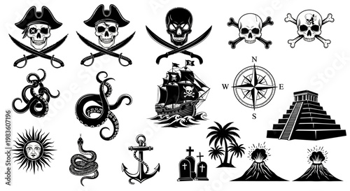 Collection of Pirate and Nautical Icons Skulls, Ships, Compasses, and Tropical Elements