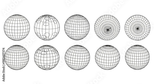 Wireframe Sphere Illustrations Showing Different Grids and Perspectives