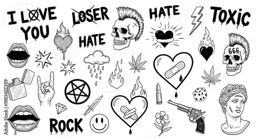 Collection of hand-drawn elements, including skulls, lightning bolts, hearts, and lips, presented in a monochrome doodle style