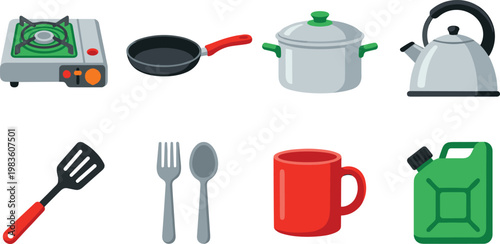Colorful flat design vector illustration of essential kitchen and camping cookware, ideal for cooking, travel, or outdoor lifestyle graphics in marketing and educational materials.