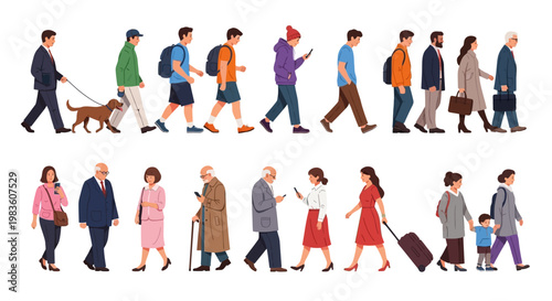 Diverse group of people walking and commuting in an urban environment with various daily activities represented