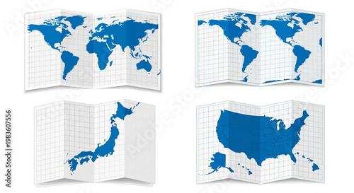 Set of four illustrated world maps and country maps, representing global and regional geography with a clean, grid-like design