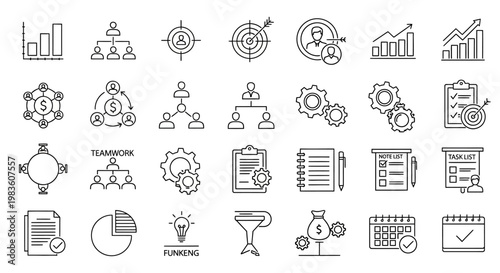 Essential line icon collection for comprehensive business strategy, project management, financial planning, and organizational success