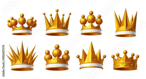 Set of vibrant golden crowns, each a distinct symbol of majestic power, ultimate achievement, and the aspiration for success
