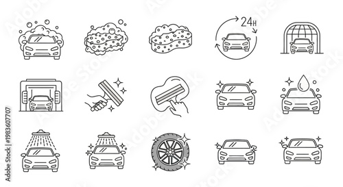 Car Wash Services Icon Set for Automotive Cleaning and Maintenance