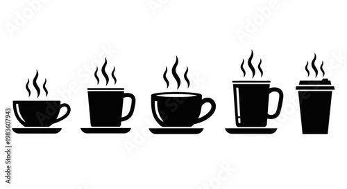 A collection of black icons representing cups of coffee, steaming hot and ready to enjoy, presented in a clean, minimalist style