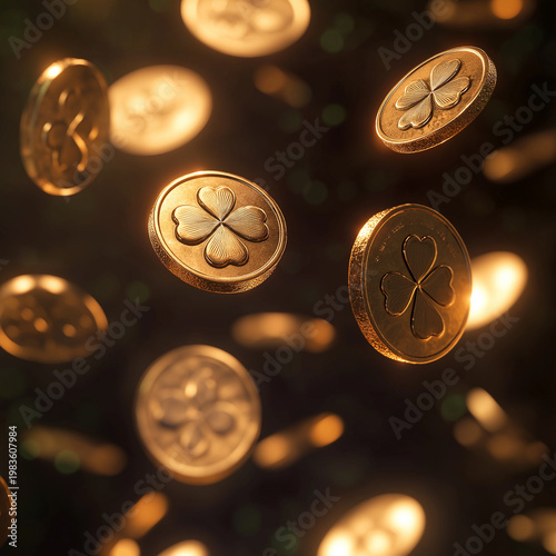 Shiny gold coins with embossed four-leaf clovers falling against a dark, moody background with warm golden bokeh. Festive image representing luck, wealth, and St. Patrick's Day celebration.