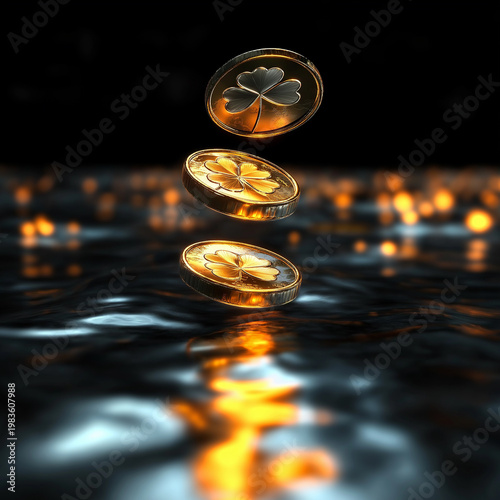 Close-up of three gold coins with embossed clovers stacked in the air over dark water. Features warm golden bokeh lights and vibrant reflections on a wavy liquid surface.