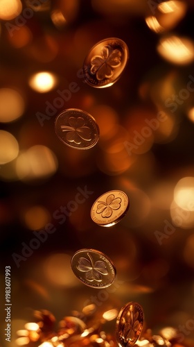 Vertical motion-blur shot of shiny gold coins with embossed four-leaf clovers falling. Set against a warm, glittering golden bokeh background creating a magical or festive holiday atmosphere.