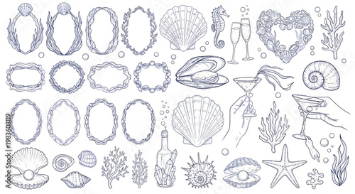 A delightful collection of charming and elegant sea-themed decorative elements including ornate frames, shells, starfish, and marine life illustrations, perfect for artistic and coastal designs
