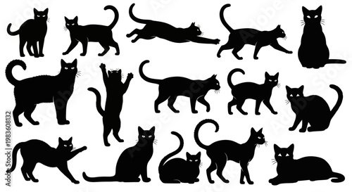 Diverse collection of black cat silhouettes captured in various playful, elegant, and curious poses, ideal for vector art and animal design projects