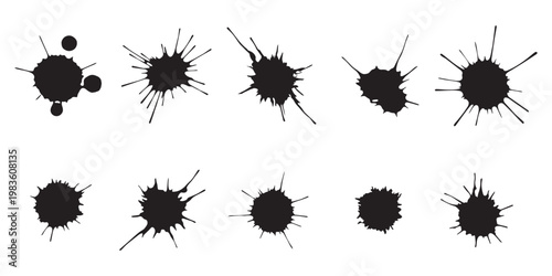 Black ink splatter brush stroke set. Messy paint splashes and liquid stain elements. Vector texture graphic pack.
