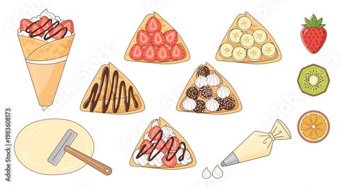 Assortment of sweet crepes with various fruit and chocolate fillings, accompanied by ingredients and tools for making delicious homemade dessert pancakes