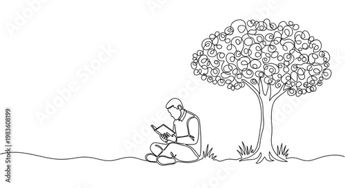 Artistic one-line drawing capturing the peaceful scene of a person reading a captivating book while comfortably seated under a majestic tree, embracing nature and wisdom