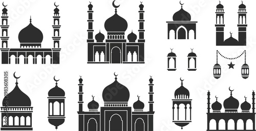 Vector illustration set featuring black silhouettes of a chain and a dome building icon representing a landmark cathedral or religious monument for city travel design
