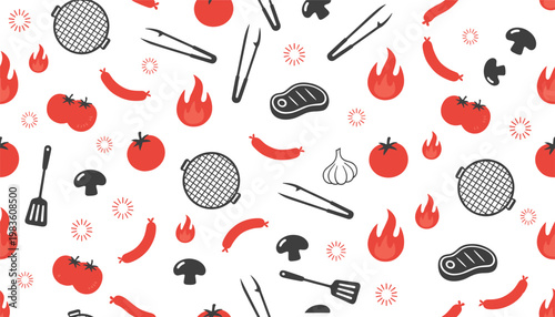 Vector illustration of barbecue pattern with flames, sausages, steaks, vegetables, and grilling tools for festive cooking design