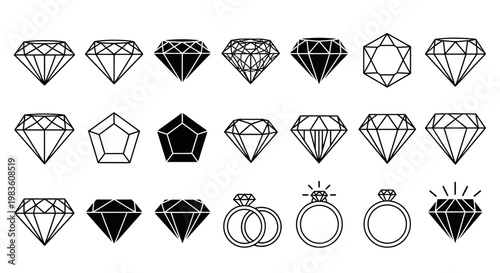 Diverse vector collection featuring brilliant cut diamonds, precious gemstones, and exquisite engagement ring icons in outlined and solid styles, ideal for luxury branding and jewelry design