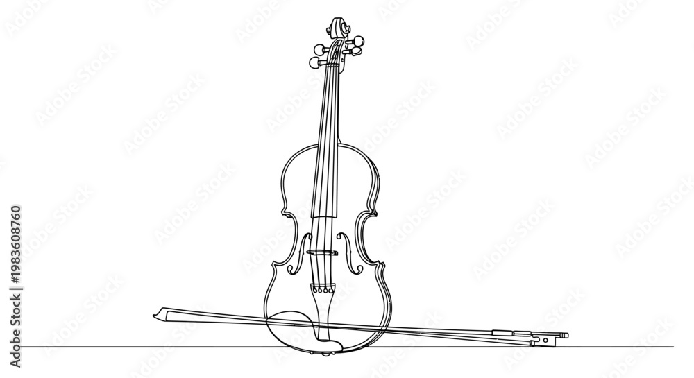 Fototapeta premium A minimalist line drawing of a classical violin and bow resting on a flat surface, showcasing intricate details and elegant design
