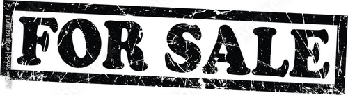 Black distressed grunge rubber stamp impression with the text for sale in a box