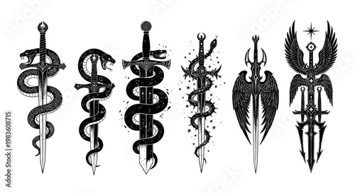 Collection of stylized medieval and fantasy swords intertwined with serpents and demonic wings, presented in black and white