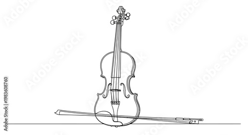 A minimalist line drawing of a classical violin and bow resting on a flat surface, showcasing intricate details and elegant design