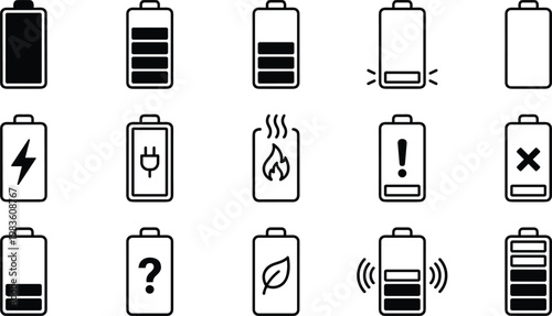 Modern flat design vector set of battery life and charging icons, ideal for tech apps, presentations, infographics, and user interface design elements.