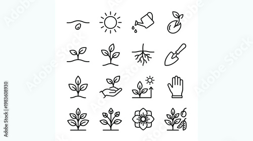 Charming flat design vector set showcasing plant growth stages, weather elements, and gardening tools. Ideal for educational materials, eco-friendly campaigns, and nature-themed designs.