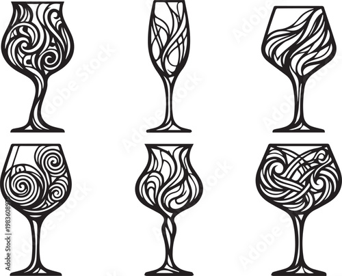 Stylized illustration of six wine glasses with abstract swirling decorative line art patterns symbolizing elegance hospitality celebration and design
