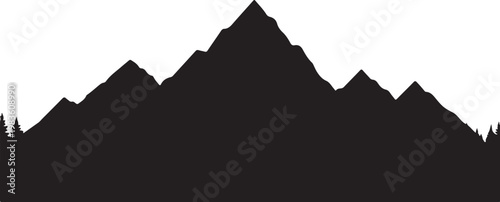 mountain landscape with trees in silhouette against white background