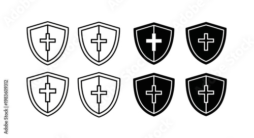 Collection of Eight Shield Icons, Embodying Protection, Faith, and Security, Featuring a Prominent Cross Symbol