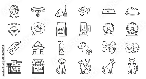 Modern vector outline icons set representing various pet supplies, grooming tools, and animal care items for graphic design projects and websites